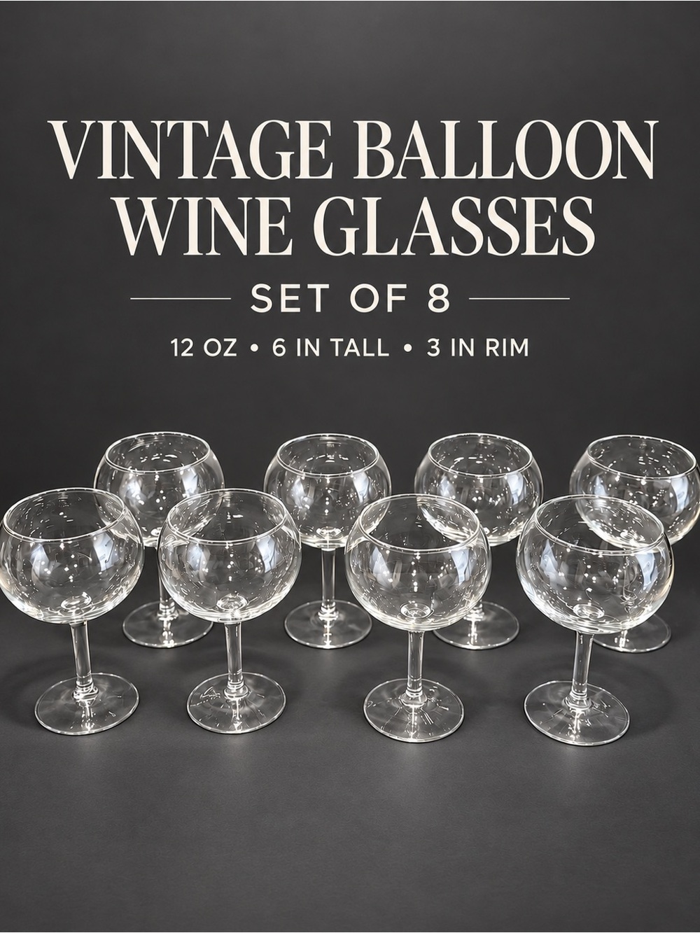 Vintage Clear Balloon Wine Glasses 12 oz Set of 8 Short-Stem Goblet